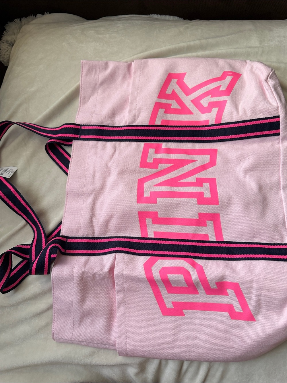PINK Victoria's Secret Light Pink Tote with Hot Pink Logo and Navy-Trim Straps